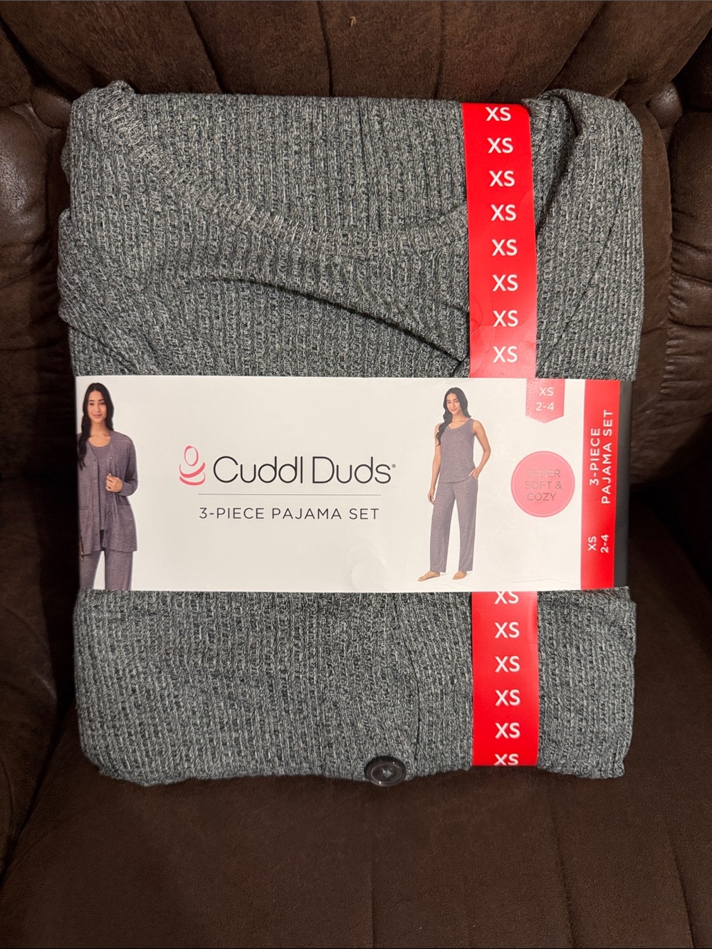 Cuddl Duds Heather Gray Ribbed 3-Piece Pajama Set